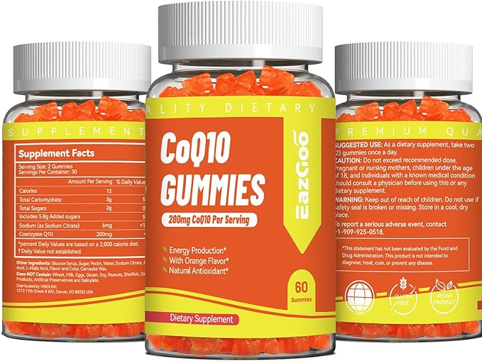 CoQ10 Gummies 200mg, Vegan Supplement for Energy Production, Non-GMO, Gluten Free (60 Gummies)