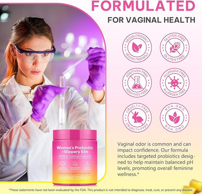 Feminine Probiotics Gummies for Women 60 Count, Vaginal Probiotics Gummies with Slippery Elm, Vegan for Women PH Balance, Gut Health & Immune System, Prebiotics & Lactobacillus Blend Pineapple Flavor
