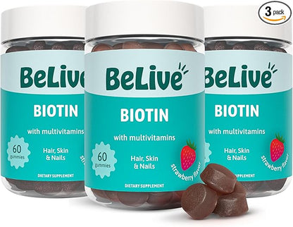 BeLive Biotin Gummies - Skin, Nails & Hair Vitamins with A, C, D, E, B12, Zinc, Folate & Inositol, Biotin Supplement for Anti-Aging, Energy & Collagen Boost, Multivitamin Gummies - Strawberry | 3-Pack