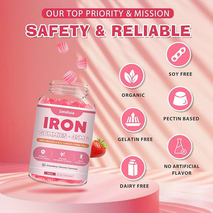 Vegan Iron Supplement Gummies for Women & Men, Anemia, Blood Builder & Energy Support for Iron Deficiency, with Vitamin C, A, B Complex, Folate, CoQ10, Sugar Free, Non-GMO, 60 Count