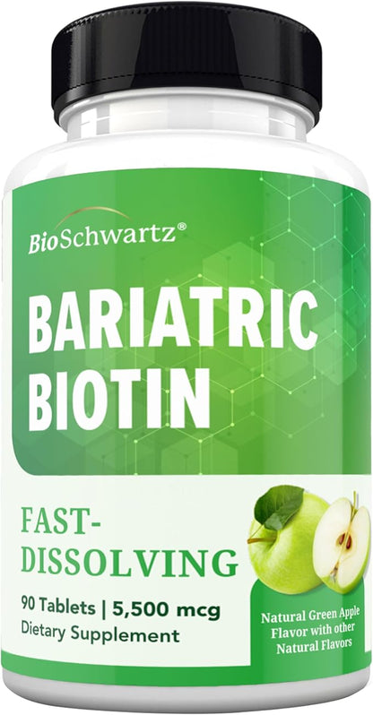 BioSchwartz Bariatric Biotin Chewable Tablets - 5500mcg Biotin per Serving - Green Apple Flavor, 3 Month Supply - Sugar-Free Hair Skin Nails Vitamins for Women for Post-Bariatric Care - 90 Servings