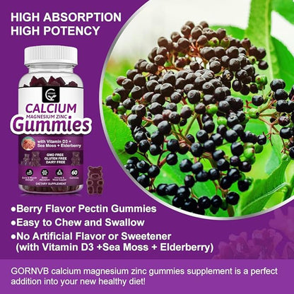 Calcium Magnesium Zinc Gummies with High Absorption Magnesium Glycinate 300mg, Potassium - Plant Complex Calcium Magnesium 2:1 Ratio, with D3 Sea Moss for Bone, Immune & Sleep Support, Vegan-2 Pack