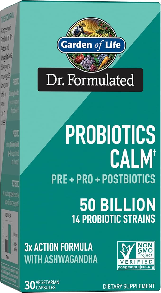 Garden of Life Dr. Formulated Pre, Post & Probiotics Calm 50 Billion CFU Daily 3-in-1 Complete Supplement with Ashwagandha – Mood Support, Digestive & Immune Support, 30 Vegetarian Capsules