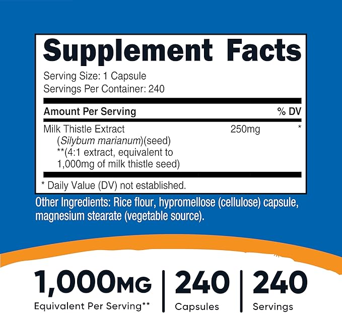Nutricost Milk Thistle Extract 240 Capsules for 240 Servings Per Bottle - Vegan, GMO Free and Gluten Free