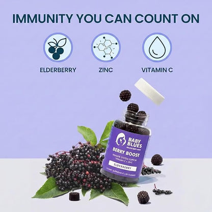 Baby Blues Berry Boost for Moms, Immunity Elderberry Gummies Immune Support Supplement with Vitamin C and Zinc for Adults, Non-GMO Immune System Vitamins Booster Vegan Gluten Free Gummies, 60pcs