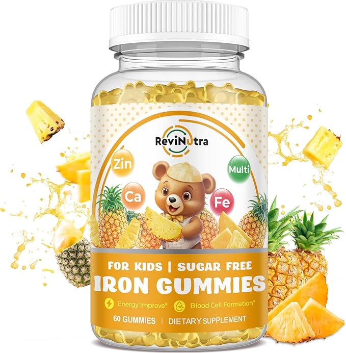 Iron Supplement Gummies for Kids - with Calcium, Zinc, Kids Multivitamin with Iron Gummies - Immune Support, Blood Builder & Energy Support for Iron Deficiency, Anemia, Pineapple Flavor, 60 Gummies