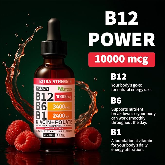 NUSAVA (2 Pack Extra Strength Liquid Vitamin B12 Sublingual Vitamin B Complex - B12 Drops 10000mcg - Methylcobalamin for Energy, Brain, and Heart Support, Raspberry Flavor, 2 floz, 80 Servings