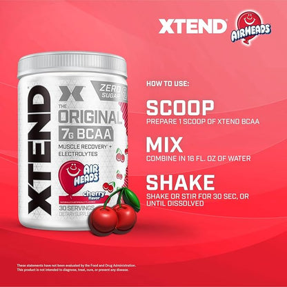 Xtend Original BCAA Powder, 7g BCAAs and 2.5g L-Glutamine for Muscle Recovery Hydration and Lean Muscle, Sugar Free Intra and Post Workout Drink with Electrolytes, Cherry Airheads, 30 Servings