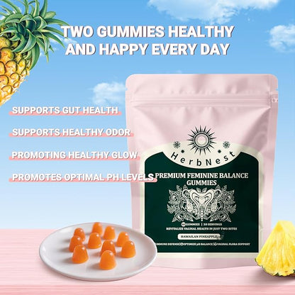 Feminine Balance Gummies - 0 Sugar Vaginal Probiotics for Women - Supports pH Balance & Odor Control - 60 Gummies (30 Days)