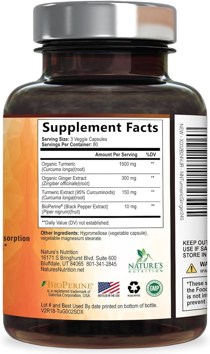 Turmeric Curcumin Supplement - 95% Curcuminoids with Organic Turmeric & Ginger, BioPerine Black Pepper Extract for Best Absorption, Natural Vegan Joint Support, Non-GMO, Bottled in USA - 240 Capsules