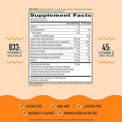 Airborne Immune Support Gummies, Zesty Orange Flavor, 63 ct - 750 mg Vitamin C + Vitamins A, D & E + Zinc, Selenium, and Manganese | with Herbal Blend | Naturally Flavored (4 Pack)