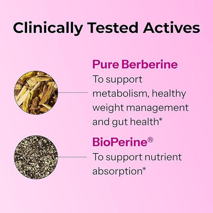 HUM Best of Berberine Supplement 1200mg, Pure Potency for Metabolic Wellness, Gut Health, Pure Berberine Supplements Enhanced with BioPerine for Maximum Absorption, 60 Capsules