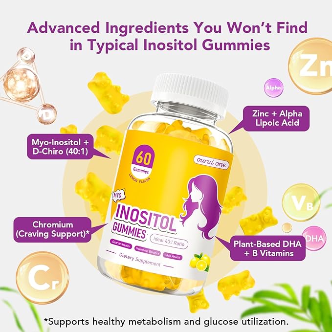 Myo & D-Chiro Inositol Gummies for Women – 40:1 Ratio Hormone Balance & Fertility Support with ALA, Vitamin D3, B12 & Chromium – Lemon Flavor Inositol Supplement for Women – 60 Gummies 1 Pack