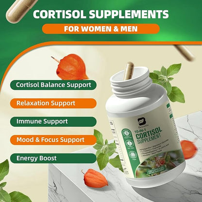 Cortisol Supplements for Women Men, 10-in-1 Cortisol Detox with Ashwagandha, Magnesium, L-Theanine, Balanced Cortisol Levels, Night & Calm Support, 120 Vegan Capsules