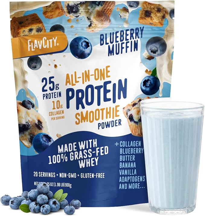 FlavCity All in One Protein Shake Powder, Blueberry Muffin - On the Go Meal Alternative + Collagen Peptides, Reishi & Cordyceps - Focus, Skin, Hair & Joint Support - 100% Grass Fed Whey, 20 Servings