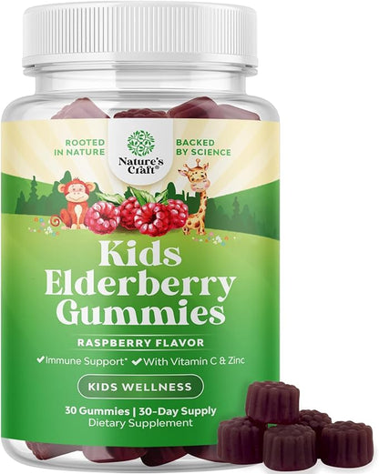 Kids Elderberry Gummies with Zinc and Vitamin C - Delicious Sambucus Black Elderberry Gummies for Kids Immune Support - Daily Immunity Support Vegan Non-GMO Gluten and Gelatin Free - 30 Count