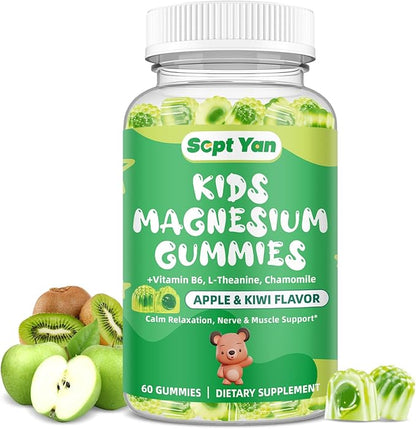Kids Magnesium Gummies, Magnesium Glycinate Gummies for Kids & Adults with Citrate, L-Theanine, Chamomile, Vitamin B6 for Sleep, Relaxation, Brain & Muscle, Sugar Free Apple & Kiwi Flavor 60ct