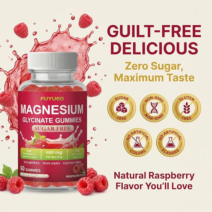Magnesium Glycinate Gummies for Calm & Rest, Sugar Free High Absorption Magnesium Supplement for Men & Women, Gentle on Stomach, Chewable, Raspberry, 60 Count (Pack of 2)