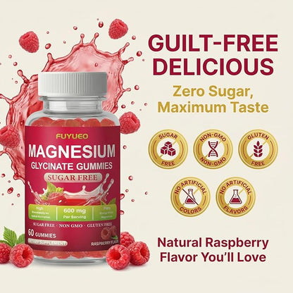 Magnesium Glycinate Gummies for Calm & Rest, Sugar Free High Absorption Magnesium Supplement for Men & Women, Gentle on Stomach, Chewable, Raspberry, 60 Count (Pack of 2)