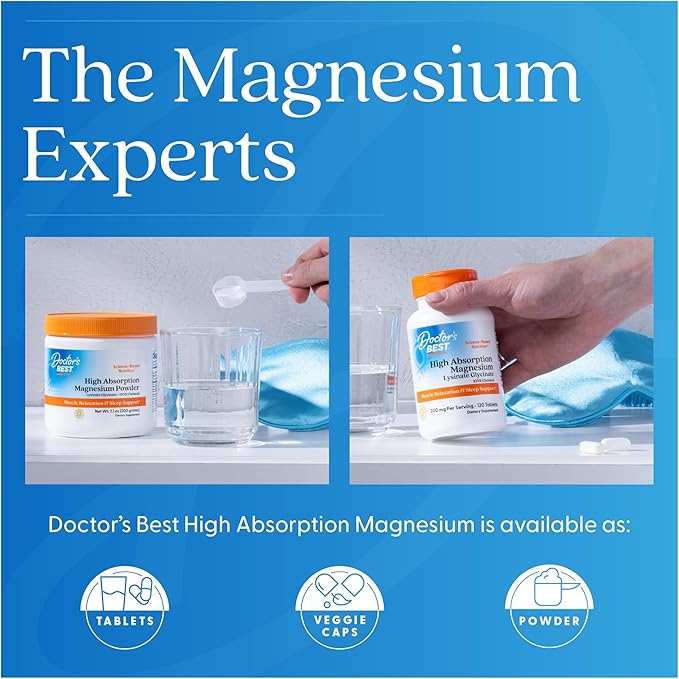 Doctor's Best High Absorption Magnesium Glycinate Lysinate Supplement for Sleep Support - Chelated Magnesium Tablets for Women & Men, 200mg per Serving, Supports Calm & Relaxation, Vegan - 240 Count