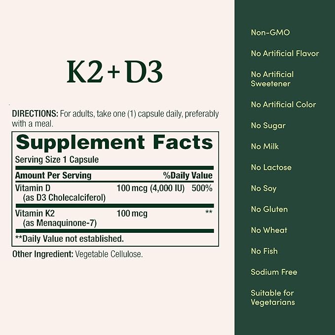 Nature’s Bounty Vitamin D3 K2 Supplement, 4000 IU Vitamin D3 plus 100 mcg of Vitamin K Supplements for Adults for Heart & Bone Health Support, 60 Day Supply, 60 Vegetarian Capsules