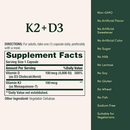 Nature’s Bounty Vitamin D3 K2 Supplement, 4000 IU Vitamin D3 plus 100 mcg of Vitamin K Supplements for Adults for Heart & Bone Health Support, 60 Day Supply, 60 Vegetarian Capsules