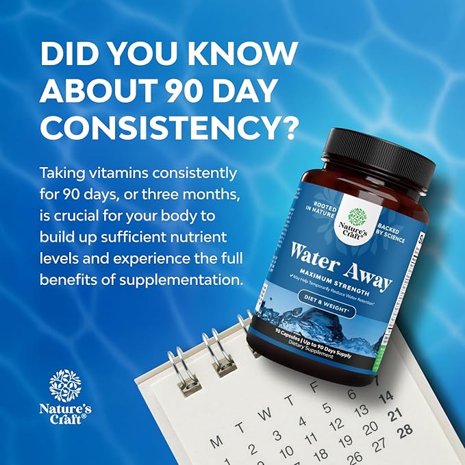 Water Away Herbal Diuretic Pills High Strength - Fluid Retention Supplement with Dandelion Leaf Extract & Green Tea for Bloating Relief for Women & Men - Capsules for Leg & Feet Swelling - 90 Count
