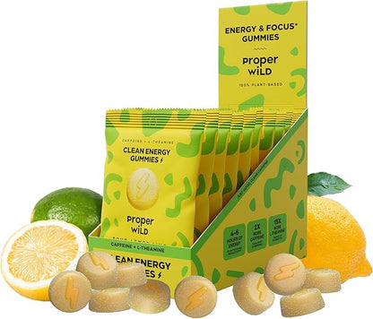 Proper Wild Energy Chews & Gummies for Focus & Clean Energy, Vegan with L-Theanine & Organic Caffeine, Plant-Based, Gluten-Free, Non-GMO, Sour Lemon Lime (10-Pack)