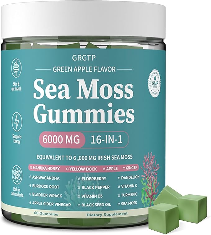 Sea Moss Gummies 16-in-1 - Ashwagandha Black Seed Oil Bladder Wrack Turmeric Vitamin C & D3 with Manuka Burdock Root Dandelion Yellow Dock Natural Detox & Liver Health Immune Support, Energy Boost