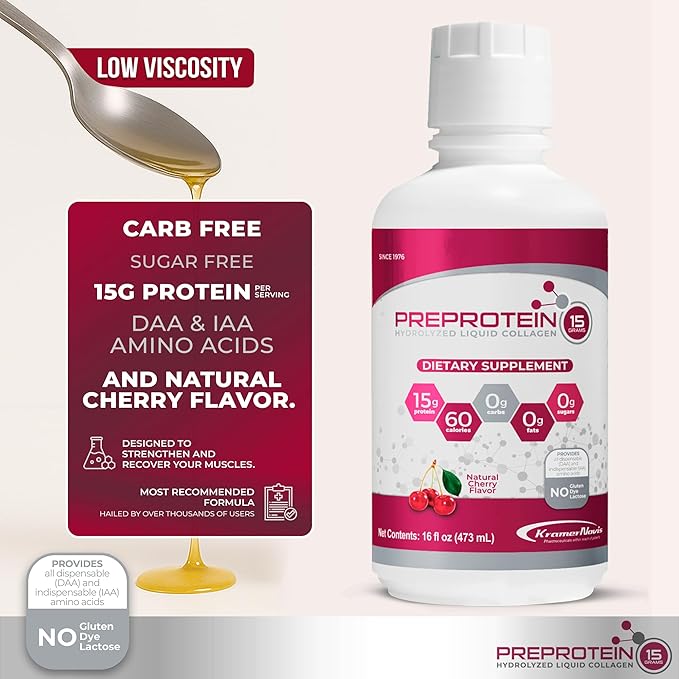 PreProtein 15 Liquid Hydrolyzed Collagen Peptides – Sugar Free Cherry Flavor Drink – 15g Protein Amino Acid Supplement for Bariatric Recovery, Joint Support & Wound Care – 16oz