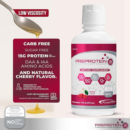 PreProtein 15 Liquid Hydrolyzed Collagen Peptides – Sugar Free Cherry Flavor Drink – 15g Protein Amino Acid Supplement for Bariatric Recovery, Joint Support & Wound Care – 16oz