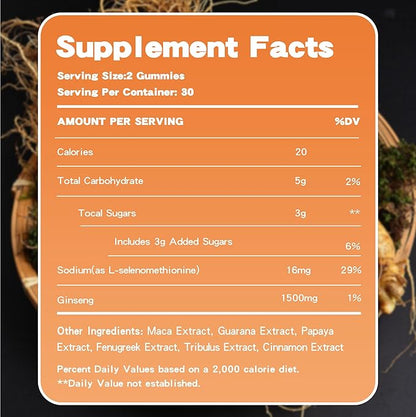 Panax Ginseng Gummies for Men and Women, 1500mg Ginseng Root Extract Boost Energy, Pectin-Based Mixed Berry Flavor Chews, 60 Count