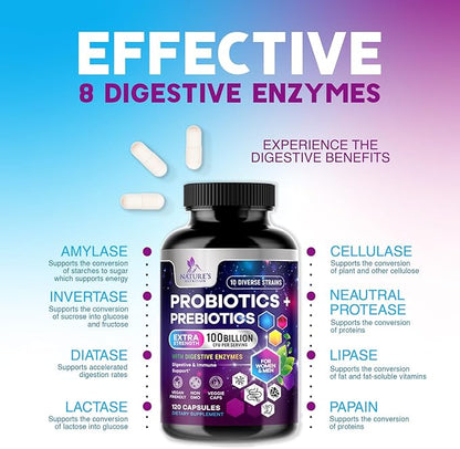Probiotics 100 Billion CFU Per Serving - 10 Probiotic Strains & Prebiotics - Digestive Gut Health, Immune Support & Occasional Constipation, Gas & Bloating - Daily Supplement For Adults - 120 Capsules