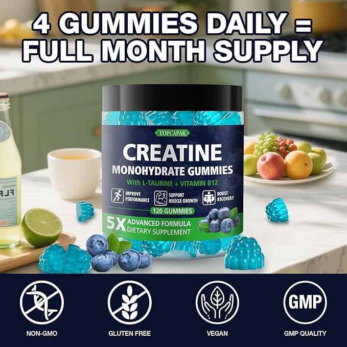 Creatine Gummies for Women & Men, Creatine Monohydrate Gummies Supplement, Pre-Workout Support, with Taurine & Vitamin B12, Blueberry Flavor Chewable Creatine Gummy, 120 Count