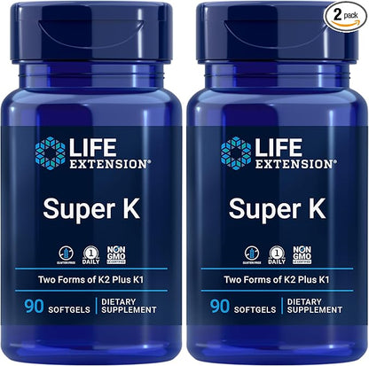 Life Extension Super K, Vitamin K Supplement, 2000 Mcg Vitamin-K and 1180 Mcg Vitamin K2, Heart Health, Once-Daily, 90 Softgels (Pack of 2)