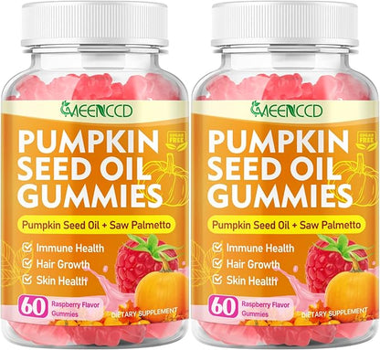 MEENCCD 2 Pack Pumpkin Seed Oil Gummies with Saw Palmetto, Pumpkin Seed Oil for Hair and Skin Health, Pumpkin Seed Extract for Women Men, Sugar-Free, Raspberry Flavor, 120 Count