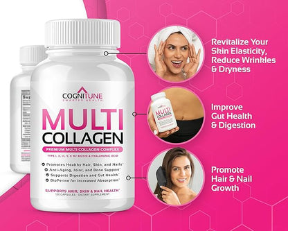 CogniTune Multi Collagen Peptides for Women with Biotin, Hyaluronic Acid, Vitamin C - 5 Types I II III V X Colageno Hidrolizado - 2000mg Hair Skin Nails Joints Support - 120 Capsules