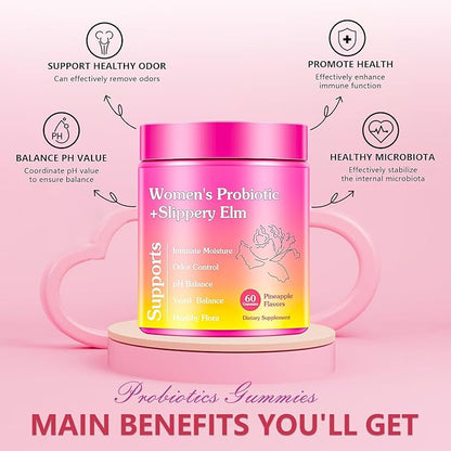 Her Juicy Premium Feminine Probiotics Gummies for Women, Pineapple Flavor Feminine Gummies with Slippery Elm Support pH Balance, Improve Immune, Vegan, Gluten Free, Crimson, 1 Pack