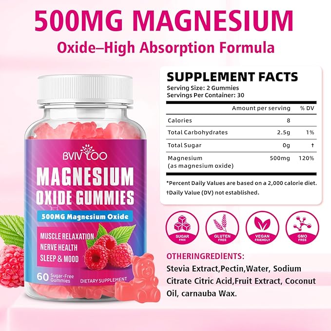 2 Pack Magnesium Oxide 500mg Gummies for Vegan Sugar-Free Raspberry Flavor, Muscle Recovery, Nerve Health & Relaxation, 120 Gummies (Non-GMO, Gluten & Allergen Free)