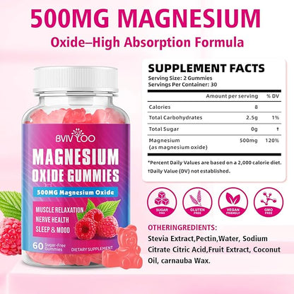 Magnesium Oxide 500mg Gummies for Vegan Sugar-Free Raspberry Flavor, Muscle Recovery, Nerve Health & Relaxation, 60 Gummies (Non-GMO, Gluten & Allergen Free)