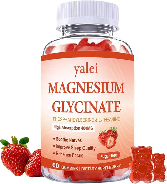 Magnesium Glycinate Gummies 400mg with L-Theanine,Phosphatidylserine–Sleep, Stress & Muscle Relief, for Adults & Kids, Non-GMO, Vegan, Sugar Free,60 Gummie Strawberry Flavor