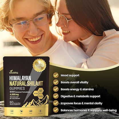 Shilajit Gummies for Men & Women | 4000mg High Potency 10-in-1 Formula with Pure Himalayan Shilajit, Ashwagandha, and 75% Fulvic Acid | Sugar-Free Vegan, 85+ Trace Minerals | Men 4000mg / 4 Bag