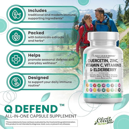 Q Defend Quercetin Supplement with Zinc Vitamin C Vitamin D Elderberry Turmeric Black Pepper Garlic Ginger Sea Moss Lysine Stinging Nettle Reishi Immune Support 60 Capsules Pack of 2 by Clean Nutra