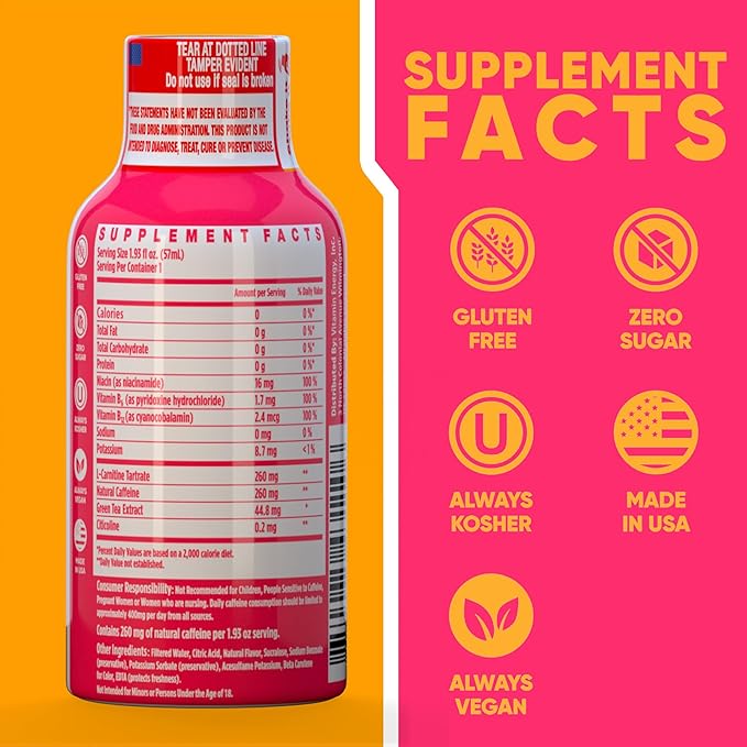 Vitamin Energy Immune+ Extra Strength Energy Shot Strawberry Twist 12 Pack, 260mg Natural Caffeine, B-Vitamins, Citicoline, Green Tea, Immunity & Focus Support, Zero Sugar, Gluten-Free 1.93 fl oz