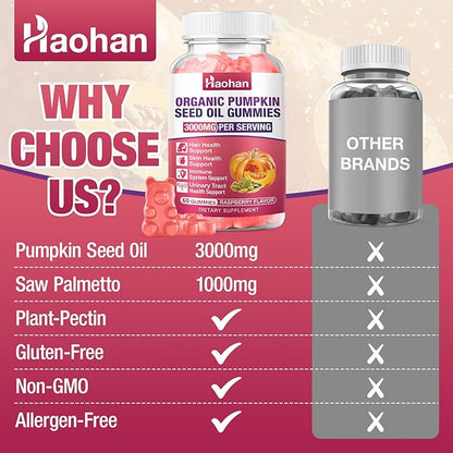 Haohan Pumpkin Seed Oil Gummies with Saw Palmetto for Hair Growth in Women & Men - Organic Hair Skin & Nails Supplement with High-Purity Extract - Sugar-Free, Non-GMO, Raspberry Flavor, 60 Count