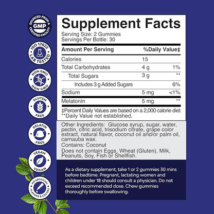 Melatonin Gummies 5mg for Peaceful Nights - Easy to Chew Sleep Gummies for Adults - Helps Support Circadian Rhythm - Delicious Strawberry Flavor - Non-Habit Forming Sleep Aid - Gelatin Free - 60 Count