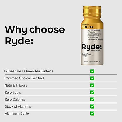Ryde: Focus Shot | Orange Flavor | L-Theanine & Ginseng | Green Tea Caffeine | Vitamins B2 & B7 | 0 Calories, 0 Sugar | 2 FL OZ Shots | Supports Focus* (24 Pack)