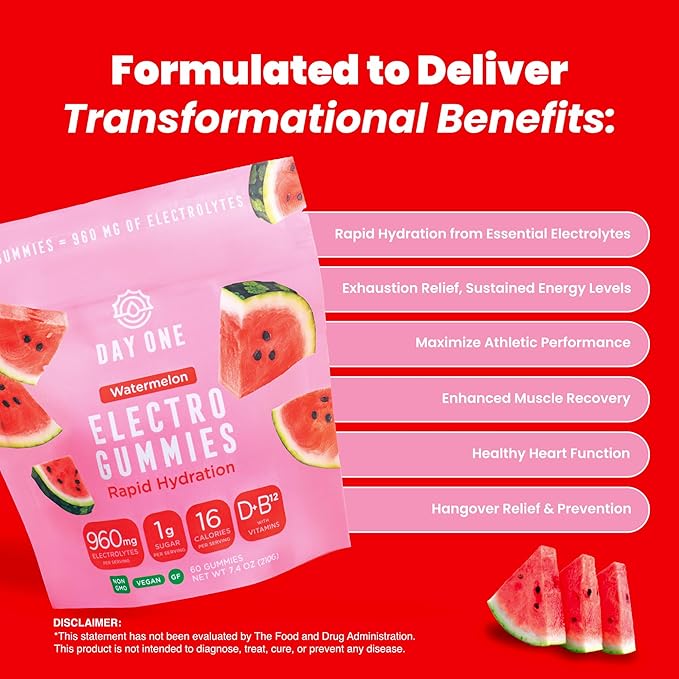 Day One ElectroGummies – Electrolyte Hydration Gummies – Ideal to Boost Hydration & Energy – Running, Workout – Sour Watermelon Flavored – 60 Gummies