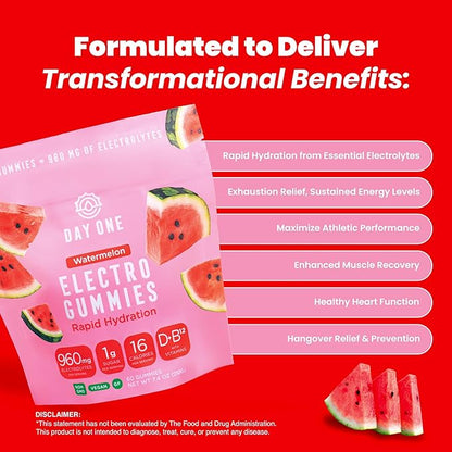 Day One ElectroGummies – Electrolyte Hydration Gummies – Ideal to Boost Hydration & Energy – Running, Workout – Sour Watermelon Flavored – 60 Gummies