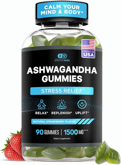 Effective Nutra Ashwagandha Gummies 1500mg – Extra Strength Stress & Sleep Support – 45-Day Supply, Just 2 Gummies Daily – Vegan, Non-GMO, Third-Party Tested – Made in USA (90ct)